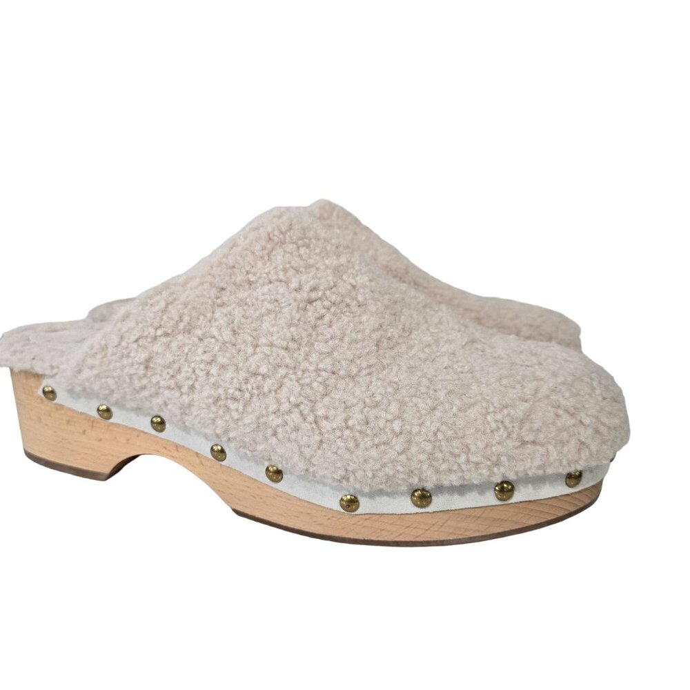 J. Crew Womens Sherpa-Lined Clogs Size 12 Faux Fur Leather Upper Wood Sole Beige
